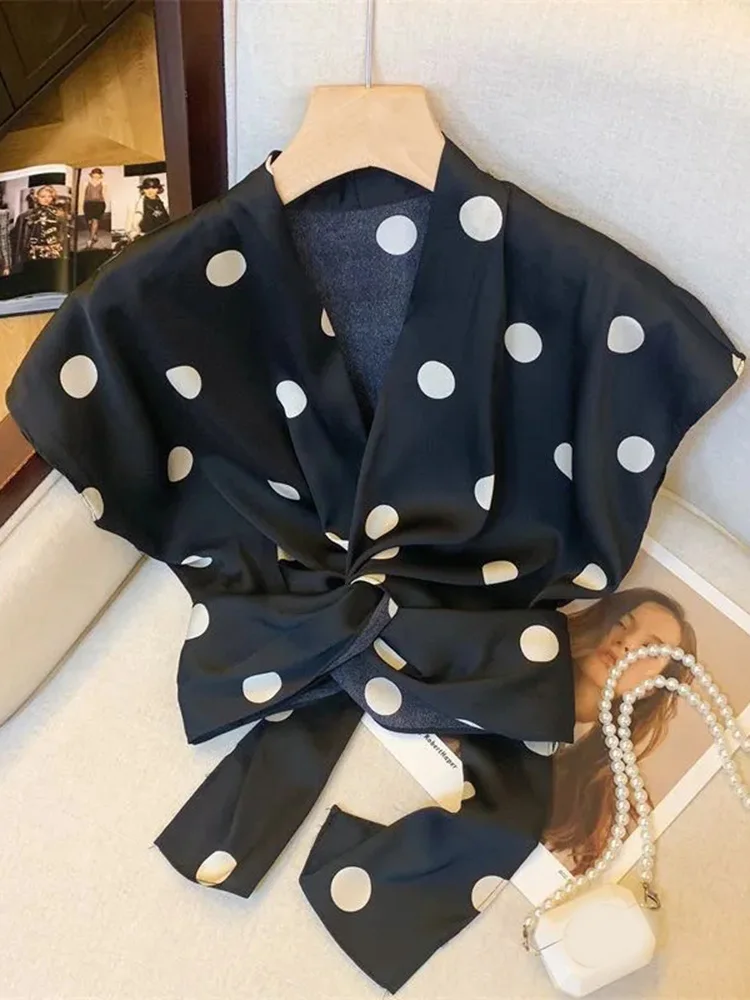 Sexy Cropped Dot Shirt Women Vintage Slim V Neck Short Sleeve Design Blouse French Retro Casual Bow Lace Up Summer Elegant Tops - Image 4