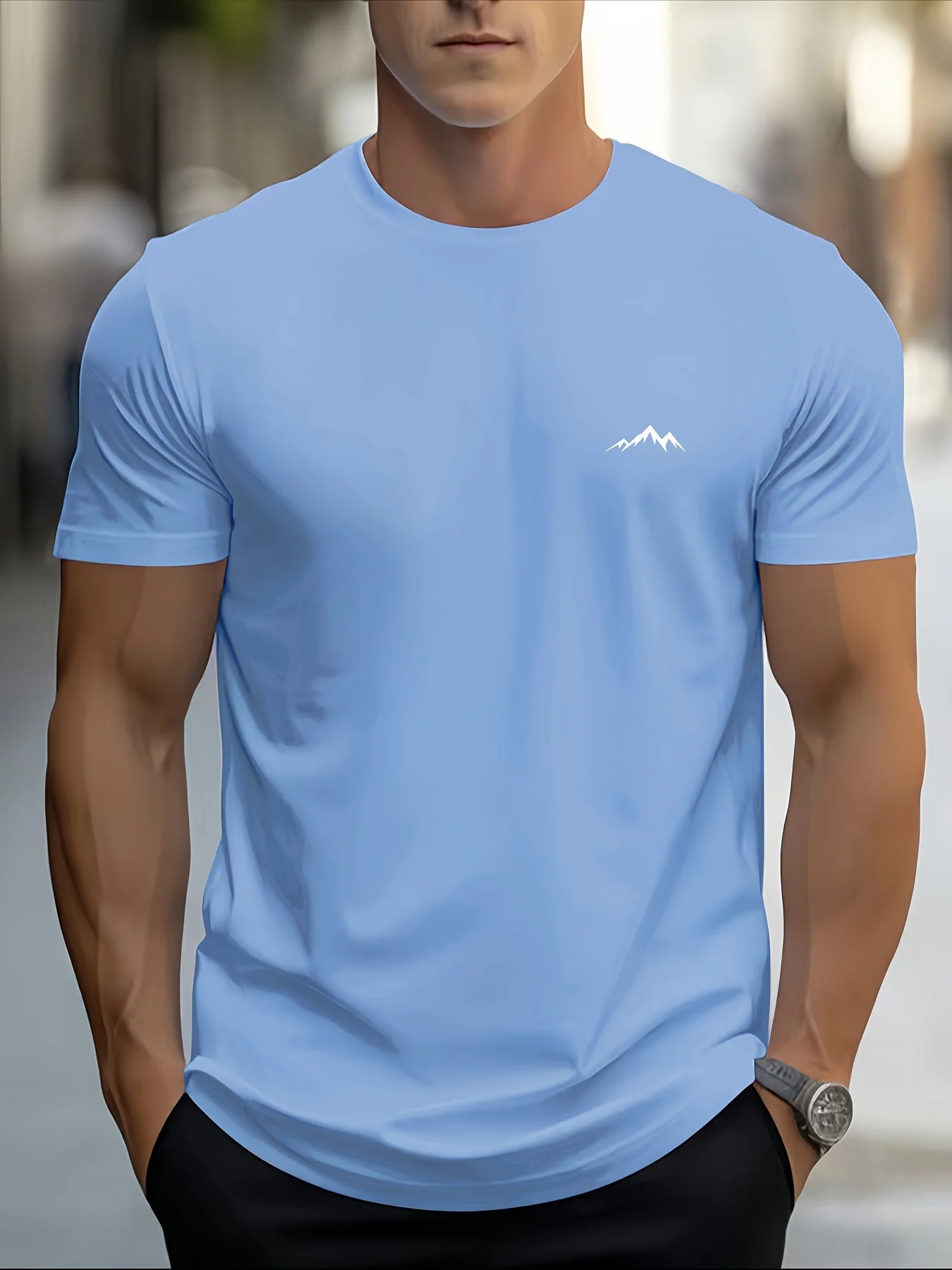Men's summer 100% pure cotton fashionable casual sports loose mountain print round neck short sleeved T-shirt top
