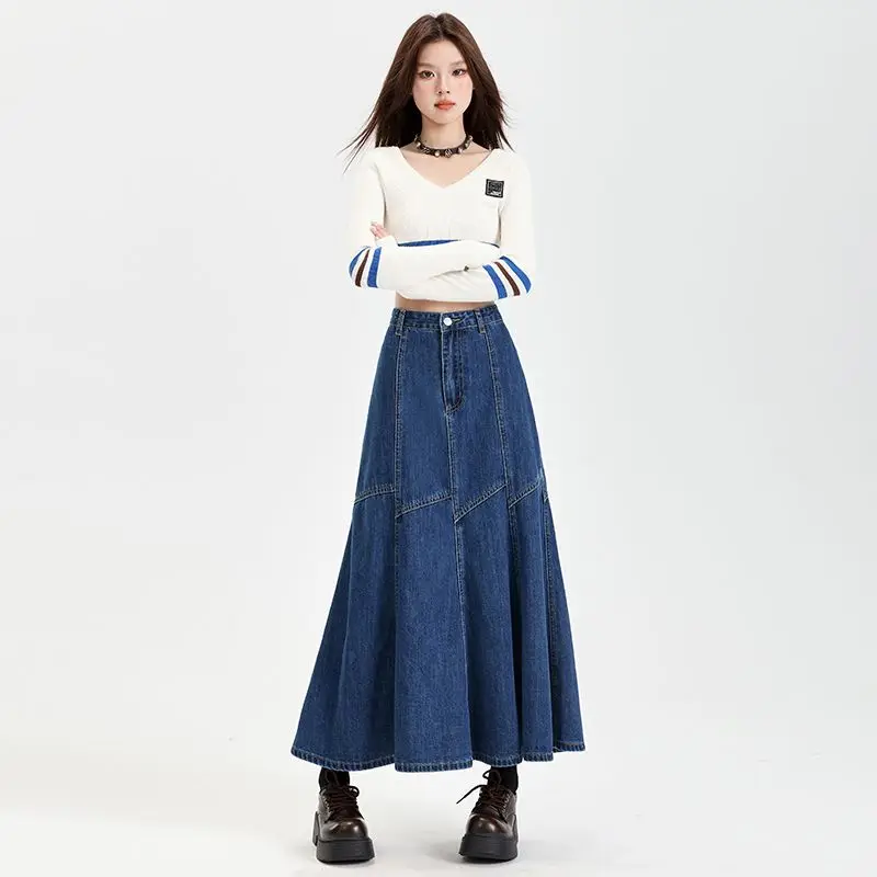 Women Blue A-line Denim Skirt Vintage Aesthetic Y2k Patchwork New Jean Skirt Harajuku Korean Cowboy Skirts 2000s Clothes Summer - Image 2