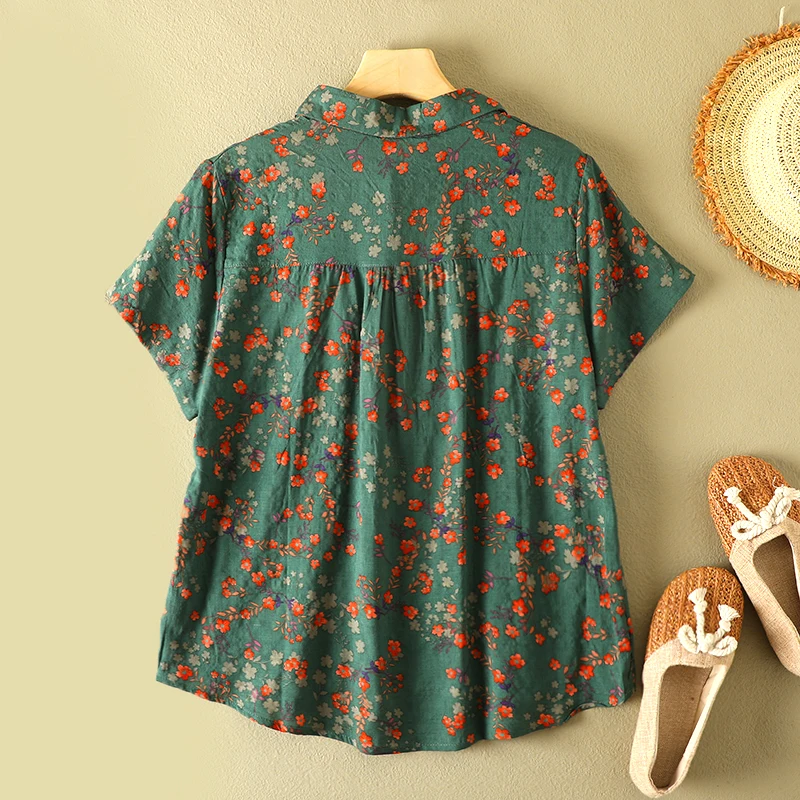 Vintage Floral Print Women's Shirt Summer Fashion Short Sleeve Pocket Loose Casual Blouse Female Comfortable Soft Thin Daily Top - Image 2