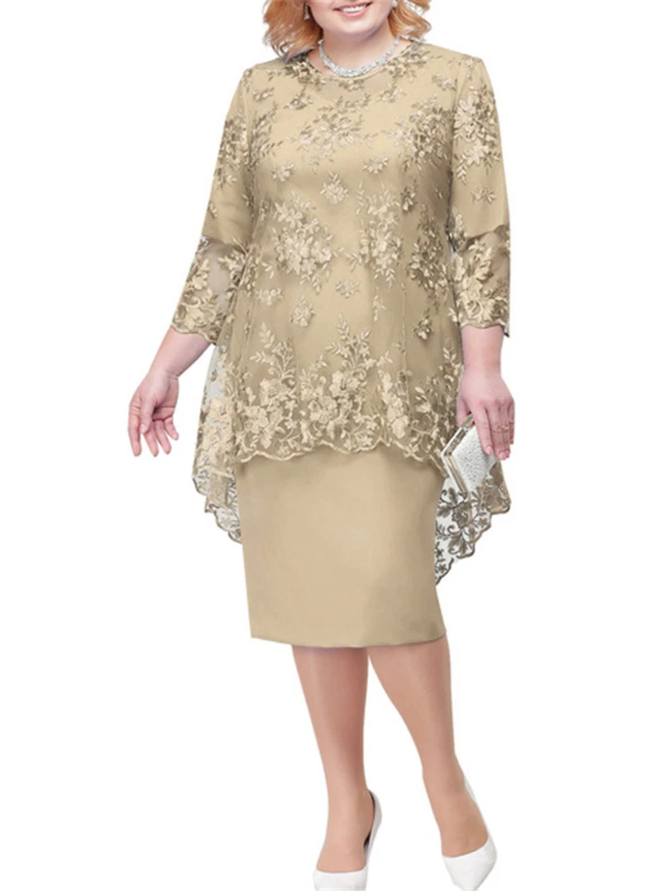 FSMG Plus Size Women Evening Gown Dress, Fashion Solid Color Round Neck High Waist Lace Embroidery Two-Piece Slim Fit Dress Set - Image 2