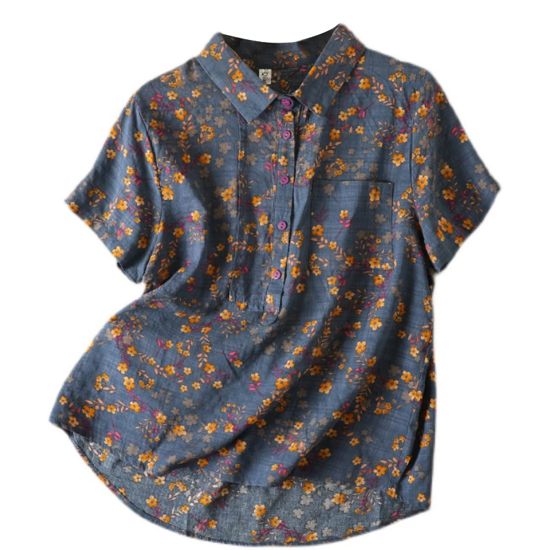 Vintage Floral Print Women's Shirt Summer Fashion Short Sleeve Pocket Loose Casual Blouse Female Comfortable Soft Thin Daily Top - Image 5