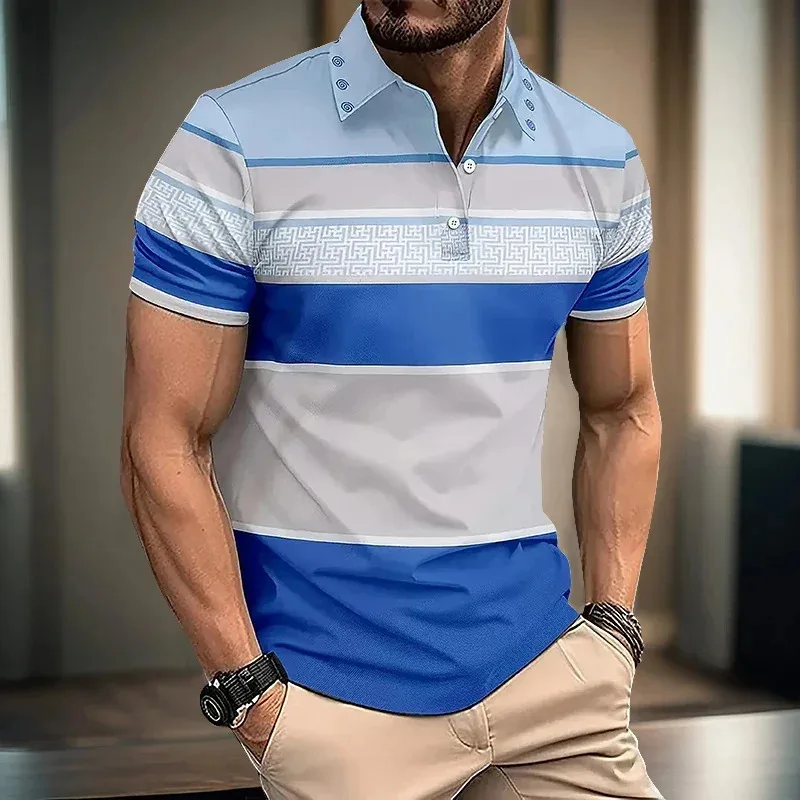 Men's striped Polo shirt, 3D printed color T-shirt, oversized casual loose, street sporty lapel top, summer - Image 5