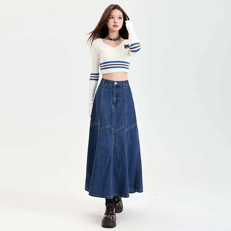 Women Blue A-line Denim Skirt Vintage Aesthetic Y2k Patchwork New Jean Skirt Harajuku Korean Cowboy Skirts 2000s Clothes Summer - Image 3