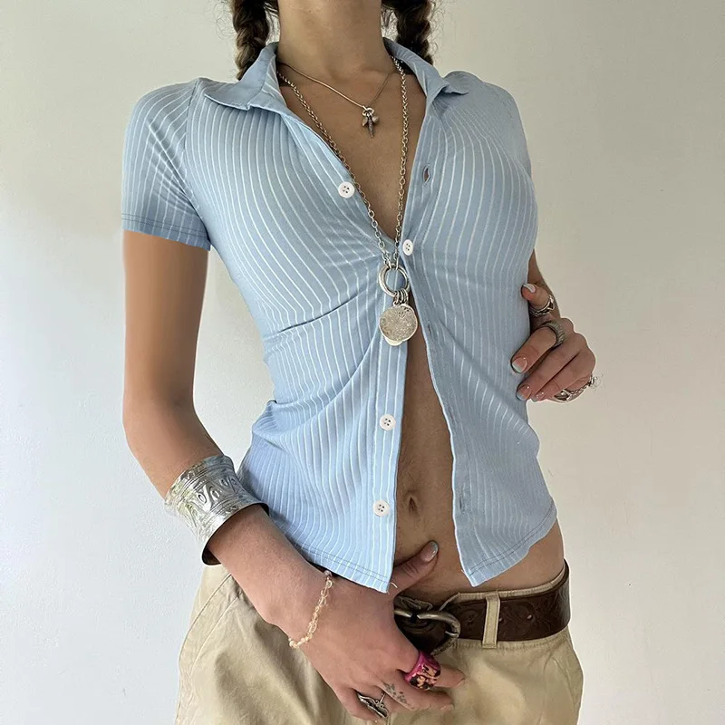 Womens Blue Stripe Short Sleeve Button Up Shirt Turn Down Collar Slim Fit Preppy Casual Summer Basic Tee Versatile Blouse