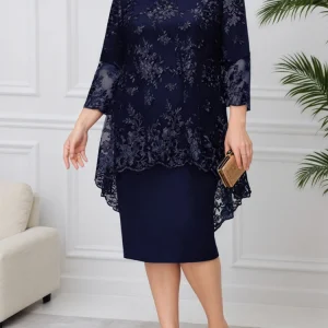 FSMG Plus Size Women Evening Gown Dress, Fashion Solid Color Round Neck High Waist Lace Embroidery Two-Piece Slim Fit Dress Set