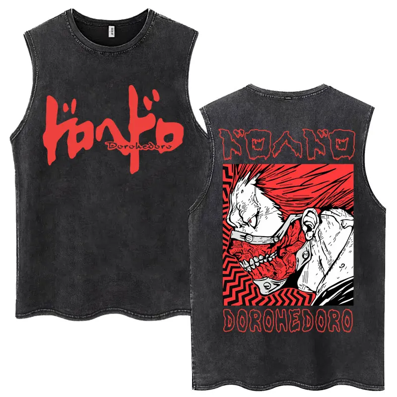 Japanese Anime Dorohedoro Pattern Washed Tank Tops Men Women 100% Cotton Fashion Manga Sleeveless T Shirt Casual Loose T-shirts - Image 2