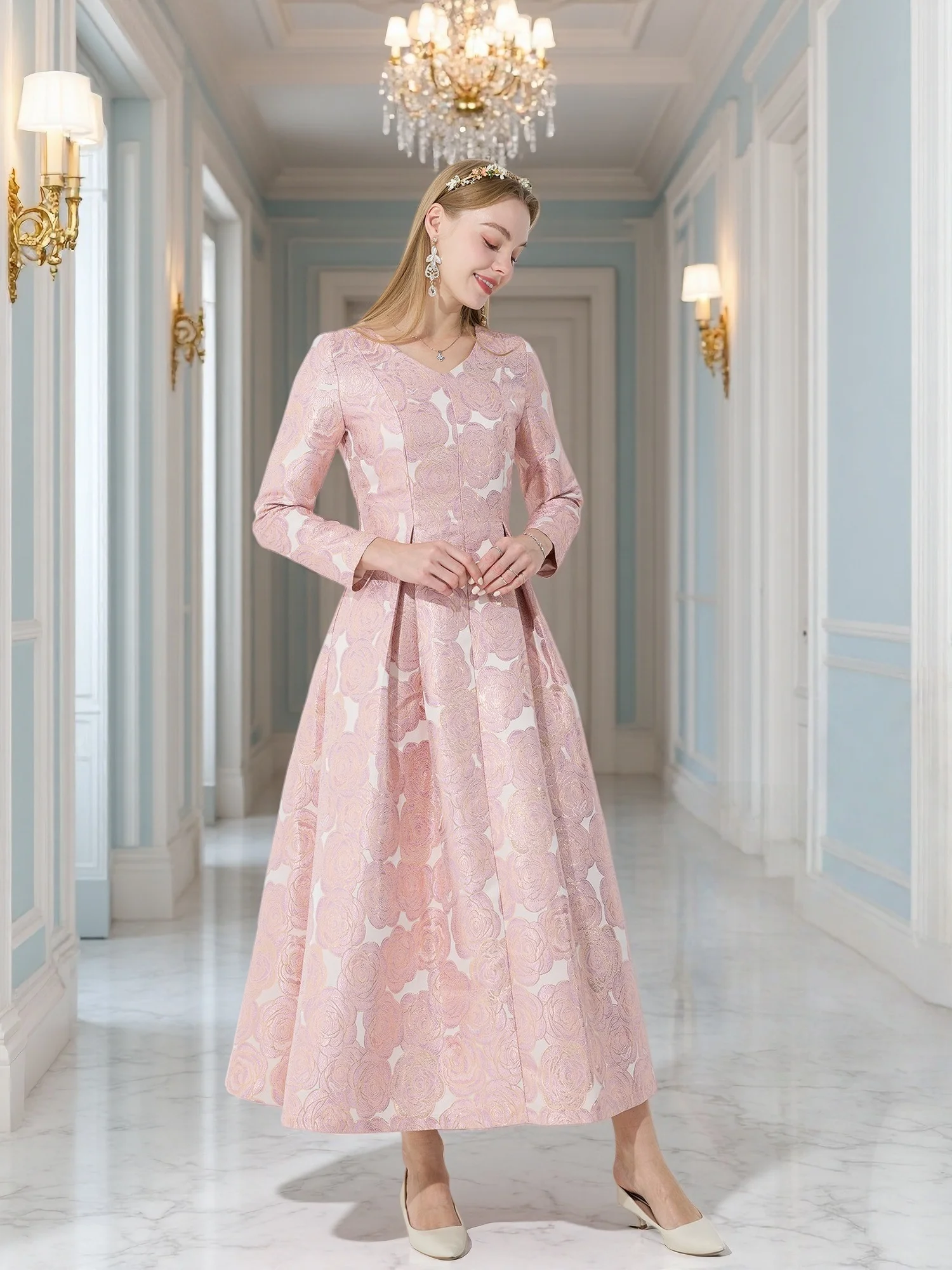 French Elegant V-Neck Long-Sleeve Dress Jacquard Rose Waist-Defined Flared Long Dress Light Luxury Stylish Commute Date Teadress - Image 2