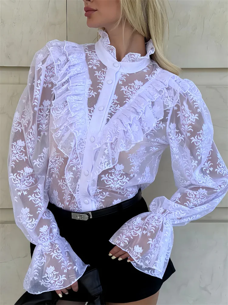 Tossy Lace Ruffled Printed Shirts Female See-Through Patchwork Lace-Up Long Sleeve Commute Clothes Top Women's Summer Blouses - Image 4