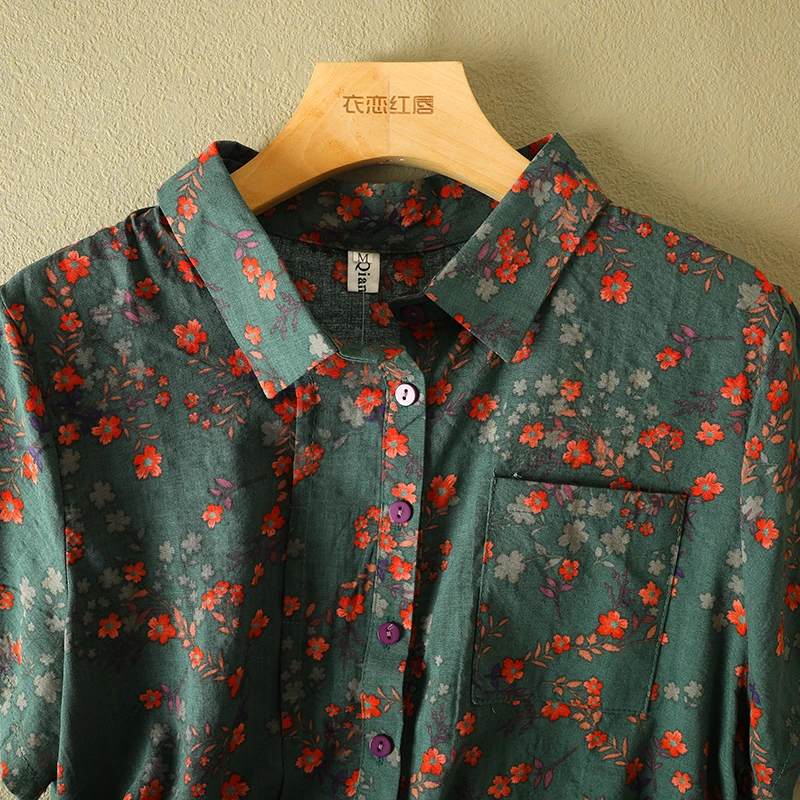 Vintage Floral Print Women's Shirt Summer Fashion Short Sleeve Pocket Loose Casual Blouse Female Comfortable Soft Thin Daily Top - Image 4