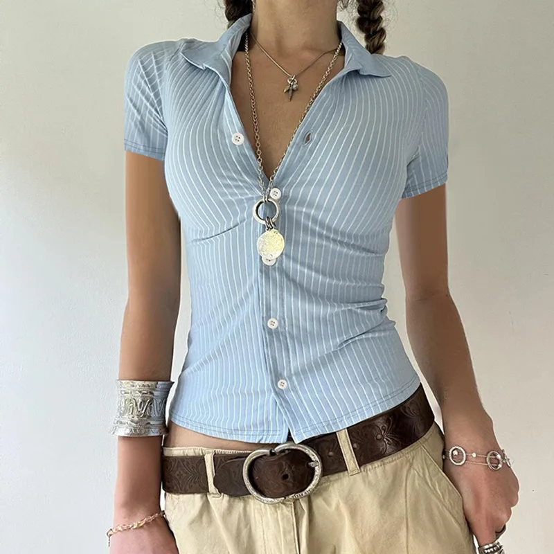 Womens Blue Stripe Short Sleeve Button Up Shirt Turn Down Collar Slim Fit Preppy Casual Summer Basic Tee Versatile Blouse - Image 3