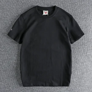 Summer New American Retro Short-sleeved O-neck Solid Color T-shirt Men's Fashion Simple 100% Cotton Washed Casual Sport Tops