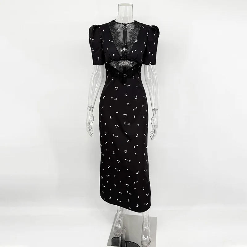 TARUXY Sexy Hollow Lace Dress Women's Fashion Short Sleeve Elegant High Waist Slim Print Dress Summer Party Club Clothes Female - Image 5