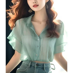 Summer New Women's Thin Style Blouse Polo-Neck Button Solid Color Spliced Ruffles Short Sleeve Fashion Loose All-match Shirt Top