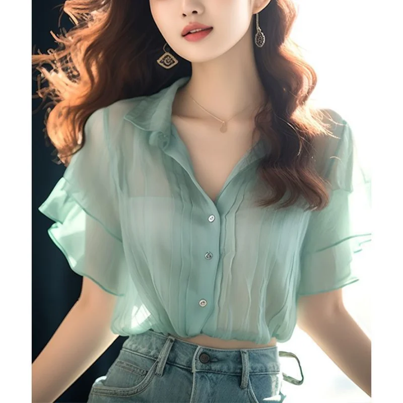 Summer New Women's Thin Style Blouse Polo-Neck Button Solid Color Spliced Ruffles Short Sleeve Fashion Loose All-match Shirt Top