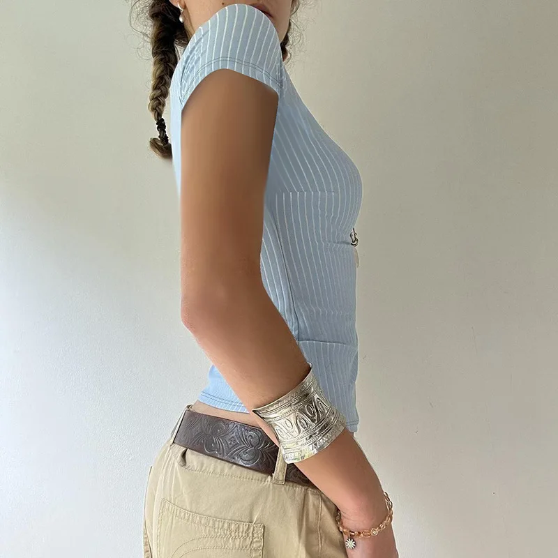 Womens Blue Stripe Short Sleeve Button Up Shirt Turn Down Collar Slim Fit Preppy Casual Summer Basic Tee Versatile Blouse - Image 4