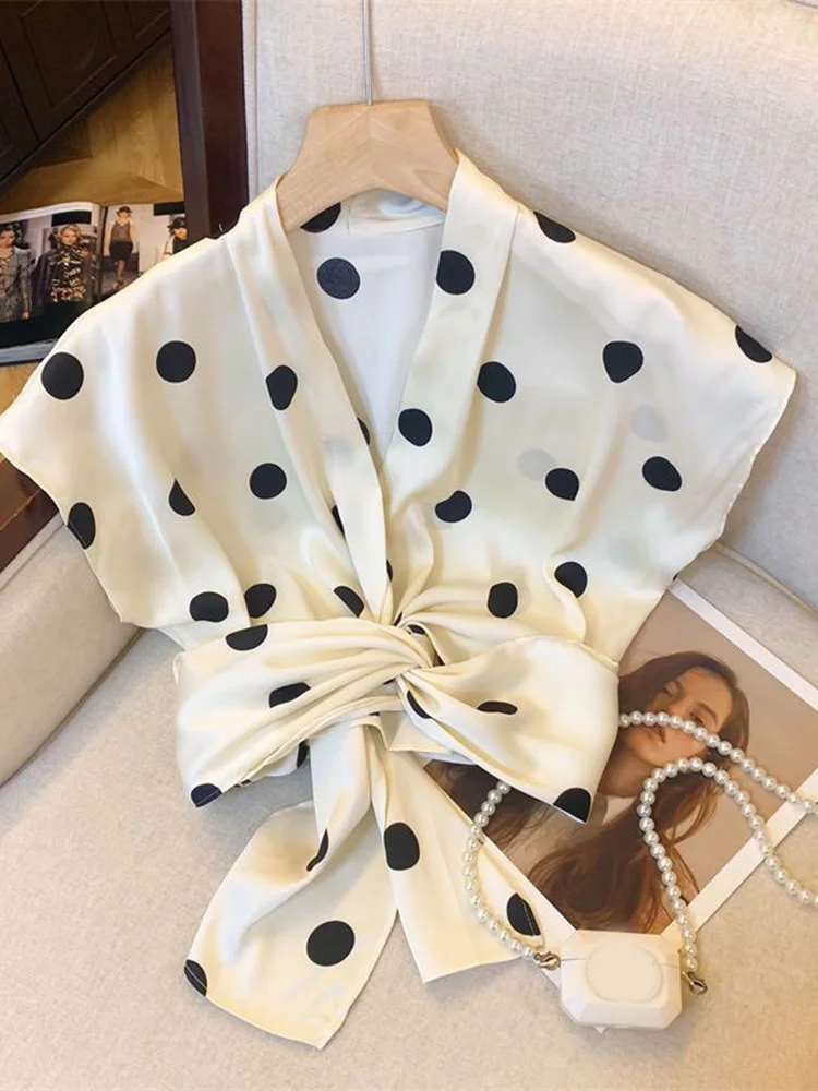 Sexy Cropped Dot Shirt Women Vintage Slim V Neck Short Sleeve Design Blouse French Retro Casual Bow Lace Up Summer Elegant Tops - Image 3