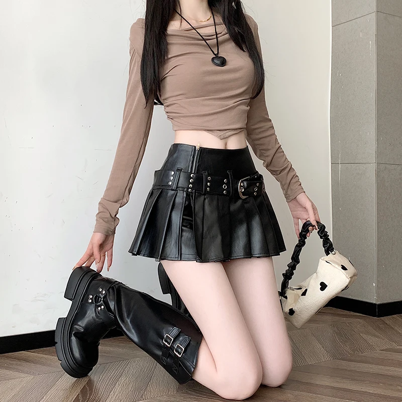 Women's Black Gothic A-line Pleated Leather Skirt Y2k Mini Shorts Skirts Harajuku Korean Emo Skirt 2000s Vintage Clothes Summer - Image 3