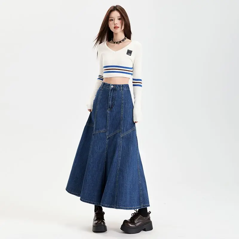 Women Blue A-line Denim Skirt Vintage Aesthetic Y2k Patchwork New Jean Skirt Harajuku Korean Cowboy Skirts 2000s Clothes Summer - Image 5