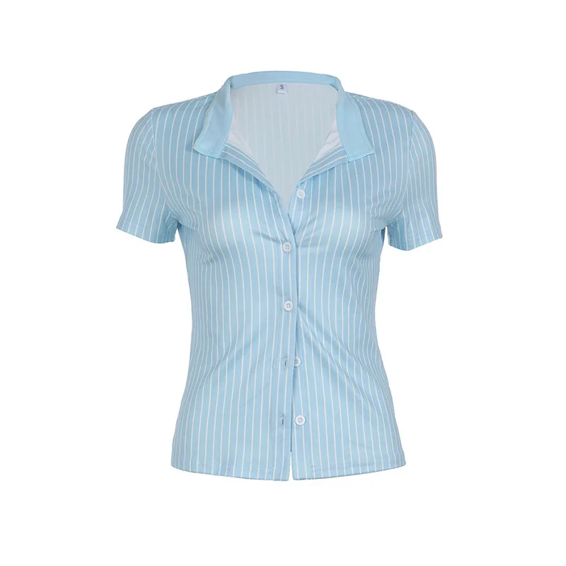 Womens Blue Stripe Short Sleeve Button Up Shirt Turn Down Collar Slim Fit Preppy Casual Summer Basic Tee Versatile Blouse - Image 6