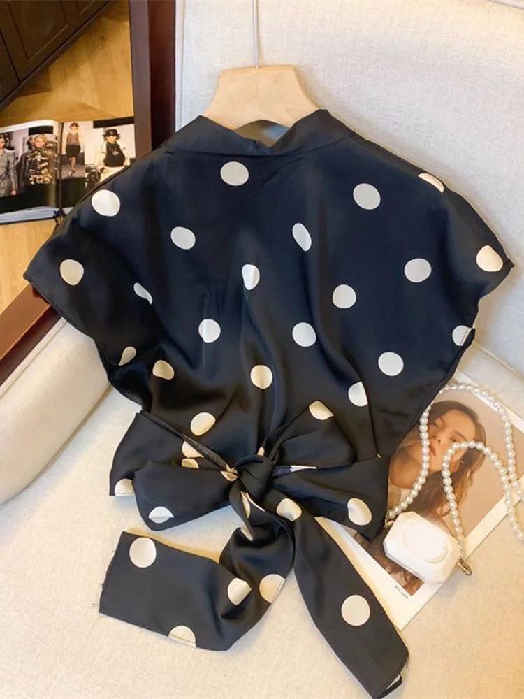 Sexy Cropped Dot Shirt Women Vintage Slim V Neck Short Sleeve Design Blouse French Retro Casual Bow Lace Up Summer Elegant Tops - Image 5