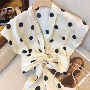 Sexy Cropped Dot Shirt Women Vintage Slim V Neck Short Sleeve Design Blouse French Retro Casual Bow Lace Up Summer Elegant Tops