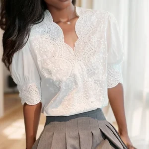 Summer Lace Embroidery Woman Blouse Fashion Hollow Out Stylish Elegant White Shirts Vintage Casual Half Sleeve Tops Blusas 13102
