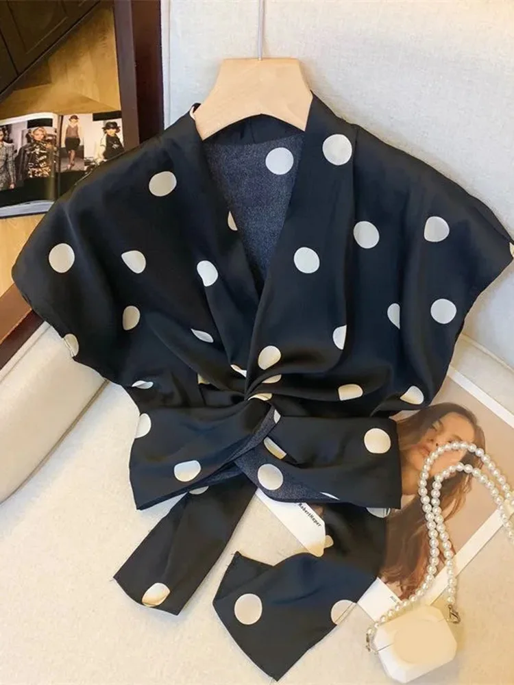 Sexy Cropped Dot Shirt Women Vintage Slim V Neck Short Sleeve Design Blouse French Retro Casual Bow Lace Up Summer Elegant Tops - Image 6