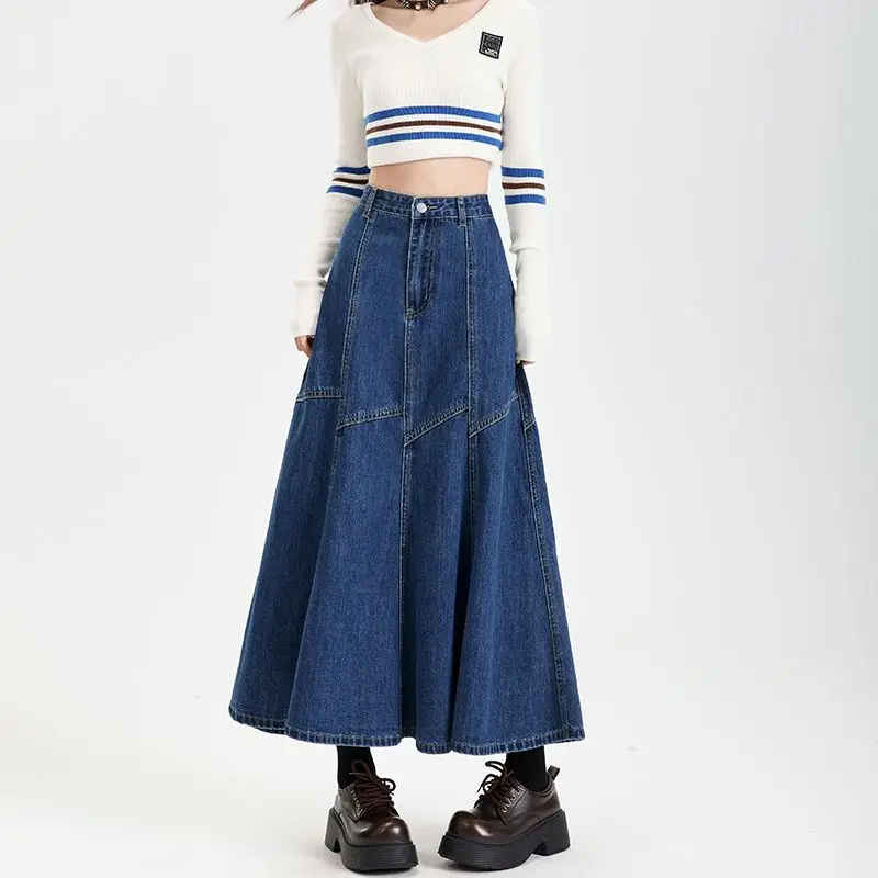 Women Blue A-line Denim Skirt Vintage Aesthetic Y2k Patchwork New Jean Skirt Harajuku Korean Cowboy Skirts 2000s Clothes Summer