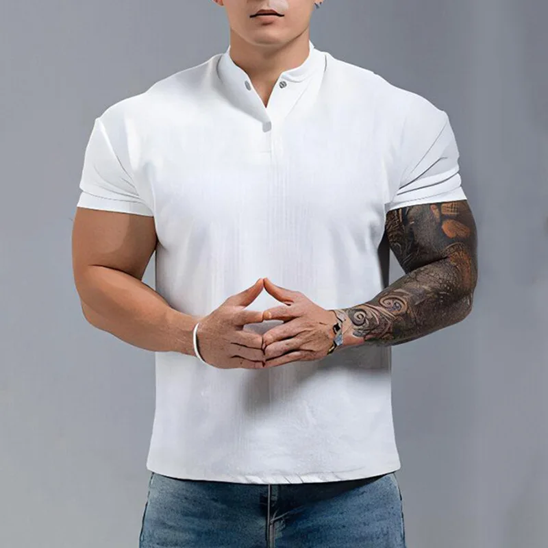 2025 Summer Simple Solid-color Chinese Polo Henry Collar Sporty Casual Breathable And Fitness Short-sleeved T-shirt With Cuffs