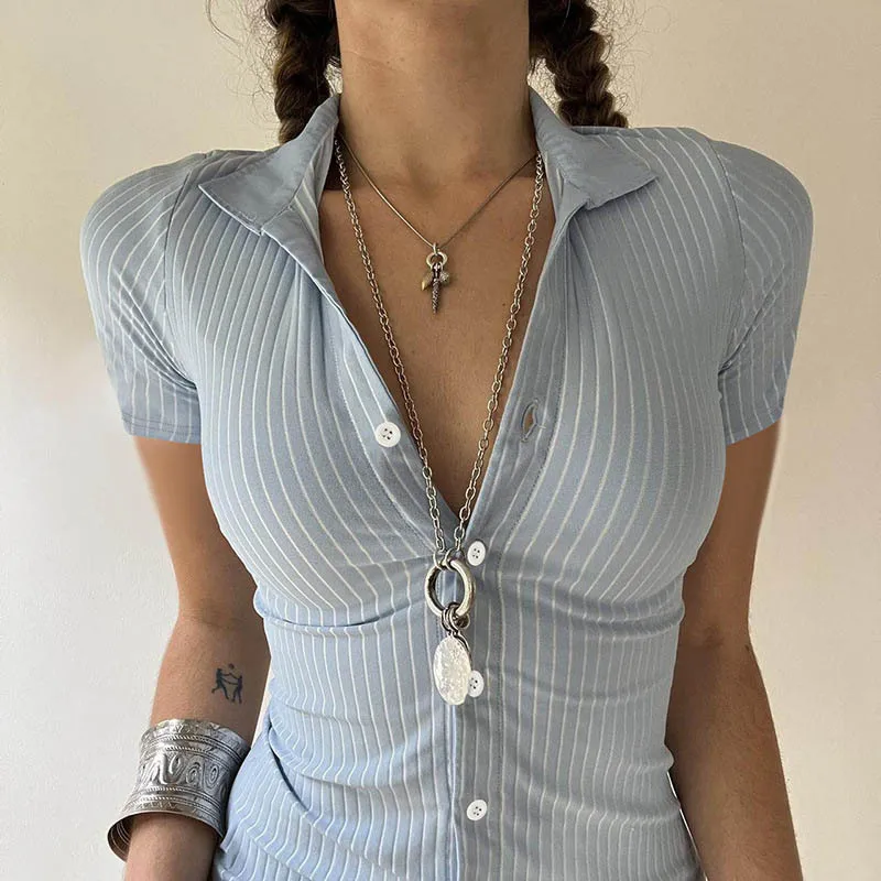 Womens Blue Stripe Short Sleeve Button Up Shirt Turn Down Collar Slim Fit Preppy Casual Summer Basic Tee Versatile Blouse - Image 2