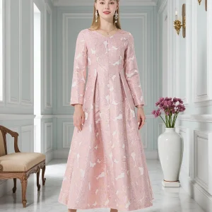 French Elegant V-Neck Long-Sleeve Dress Jacquard Rose Waist-Defined Flared Long Dress Light Luxury Stylish Commute Date Teadress