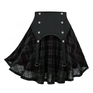 ROSEAGL Plus Size Elastic Waist Button Plaid Skirts Silver Flocking Oversize Women's Comfortable Fit Plaid Skirt Black