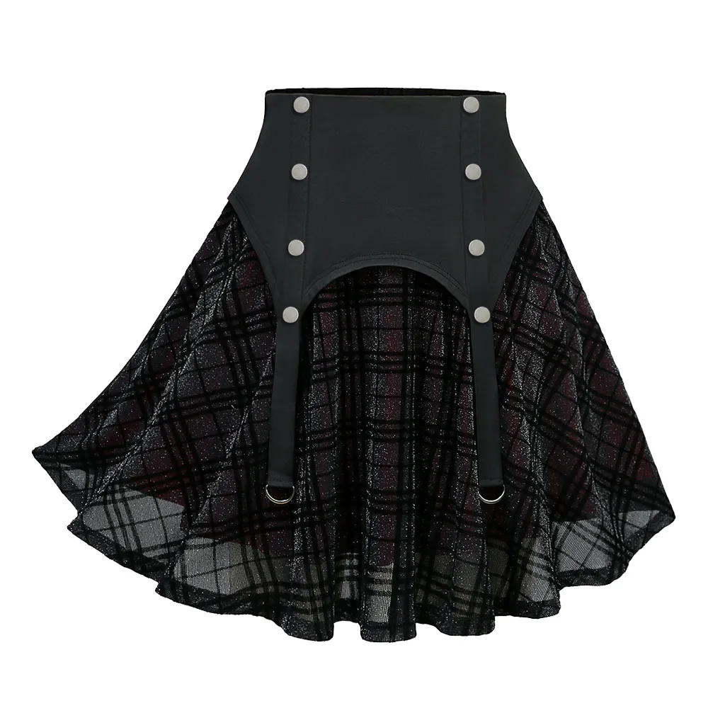 ROSEAGL Plus Size Elastic Waist Button Plaid Skirts Silver Flocking Oversize Women's Comfortable Fit Plaid Skirt Black