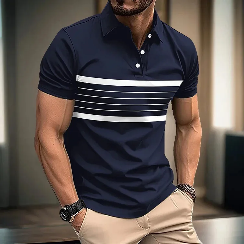 Men's striped Polo shirt, 3D printed color T-shirt, oversized casual loose, street sporty lapel top, summer