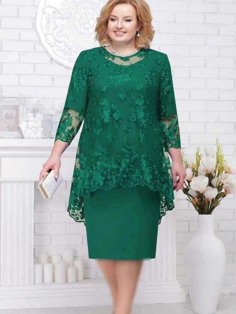 FSMG Plus Size Women Evening Gown Dress, Fashion Solid Color Round Neck High Waist Lace Embroidery Two-Piece Slim Fit Dress Set - Image 6