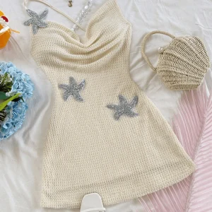 Pure and sexy halter dress for women's spring collection, new hot girl sexy backless strap with five-pointed star embroidery