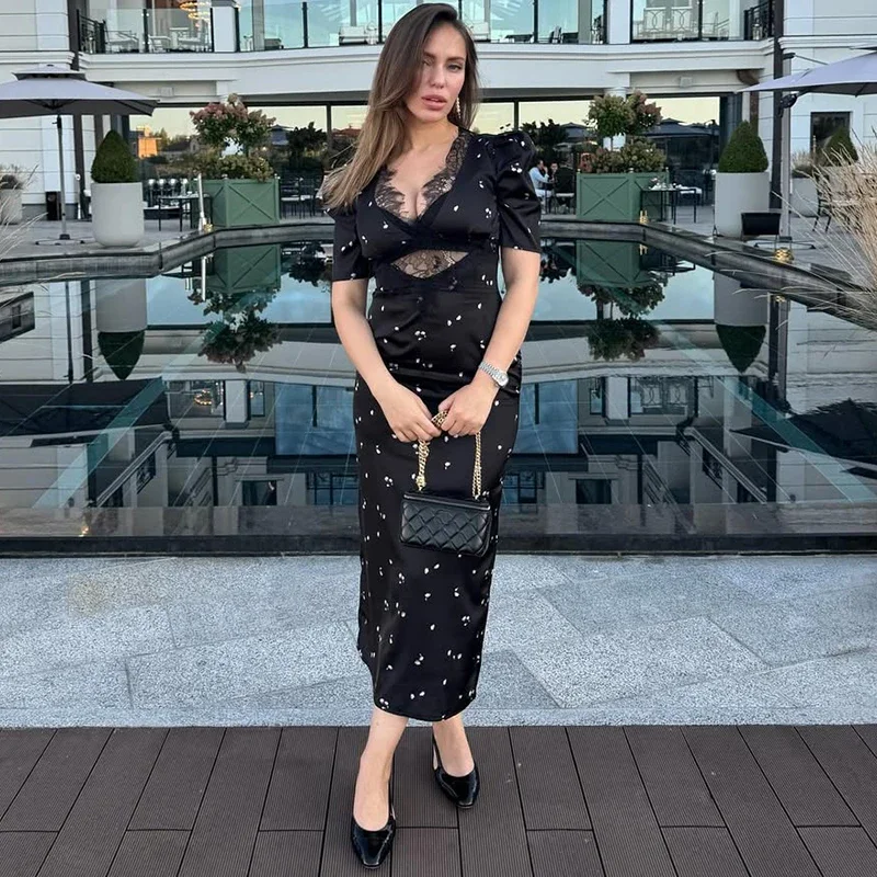 TARUXY Sexy Hollow Lace Dress Women's Fashion Short Sleeve Elegant High Waist Slim Print Dress Summer Party Club Clothes Female - Image 4