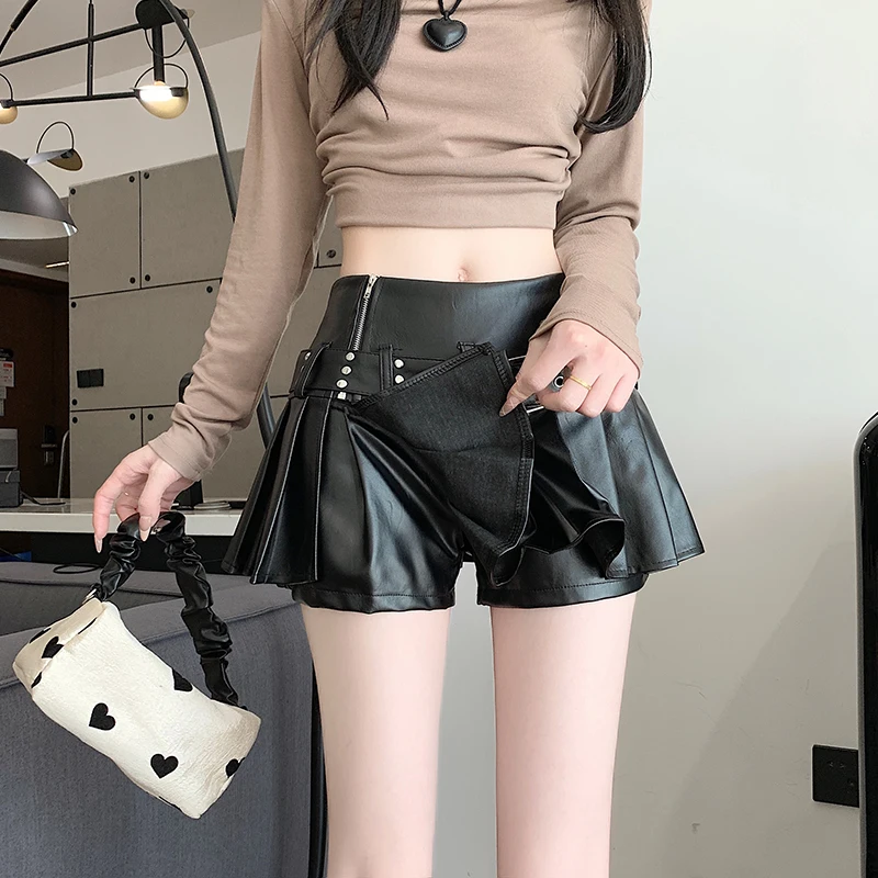 Women's Black Gothic A-line Pleated Leather Skirt Y2k Mini Shorts Skirts Harajuku Korean Emo Skirt 2000s Vintage Clothes Summer - Image 2