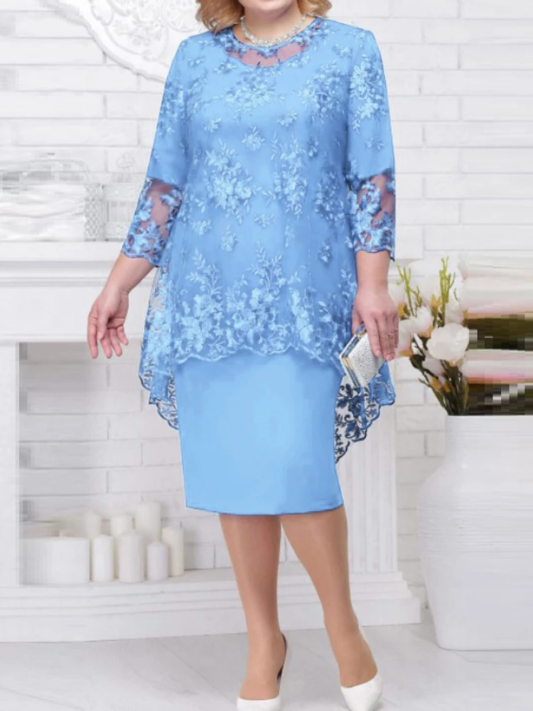 FSMG Plus Size Women Evening Gown Dress, Fashion Solid Color Round Neck High Waist Lace Embroidery Two-Piece Slim Fit Dress Set - Image 4