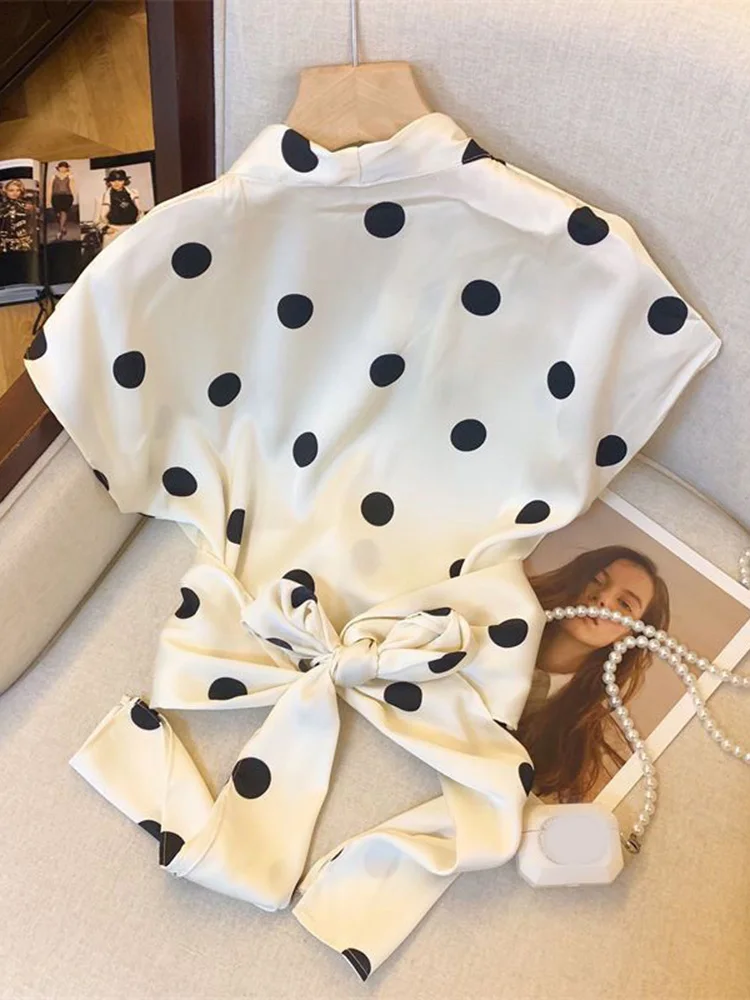 Sexy Cropped Dot Shirt Women Vintage Slim V Neck Short Sleeve Design Blouse French Retro Casual Bow Lace Up Summer Elegant Tops - Image 2