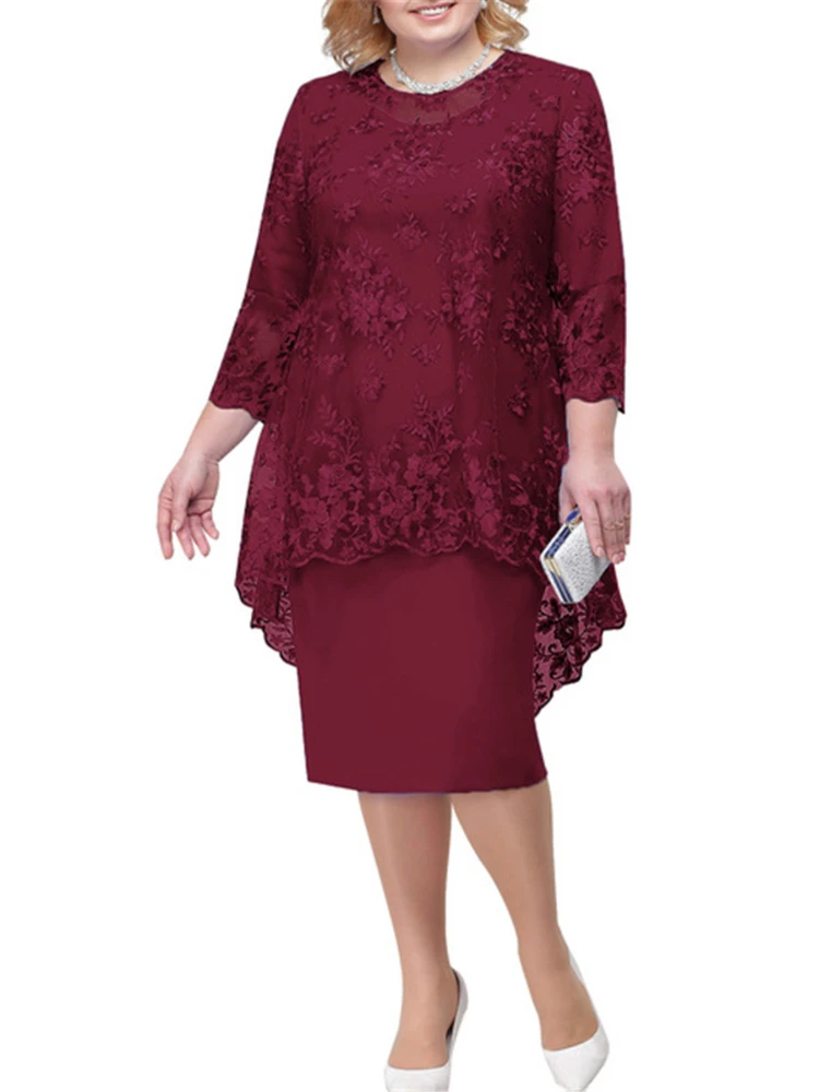FSMG Plus Size Women Evening Gown Dress, Fashion Solid Color Round Neck High Waist Lace Embroidery Two-Piece Slim Fit Dress Set - Image 5