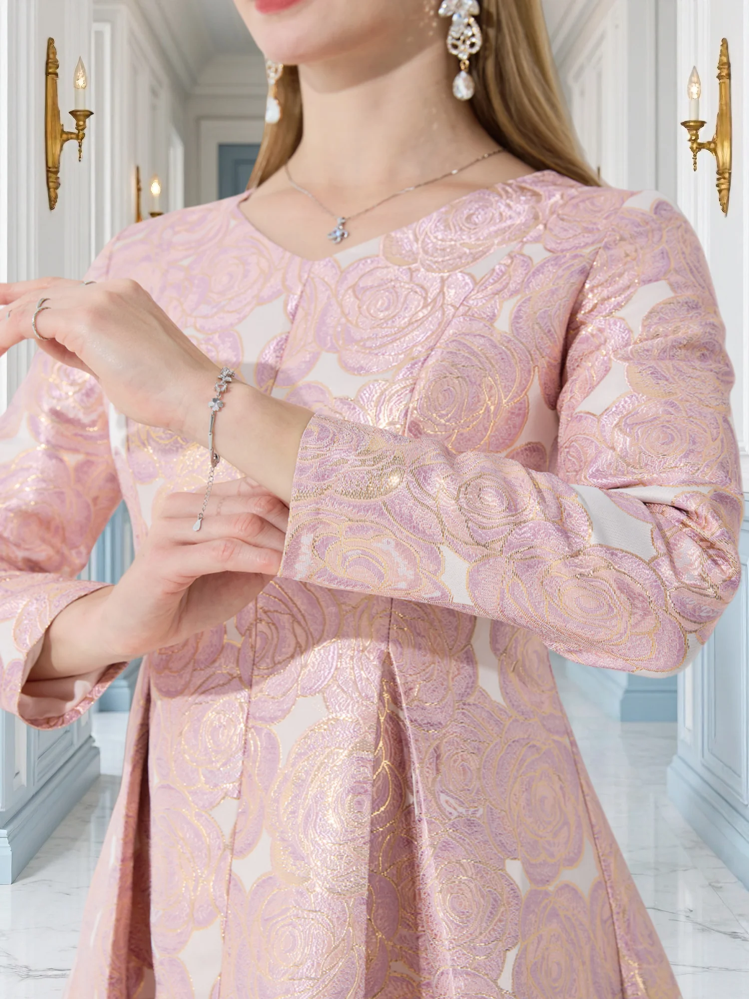 French Elegant V-Neck Long-Sleeve Dress Jacquard Rose Waist-Defined Flared Long Dress Light Luxury Stylish Commute Date Teadress - Image 3