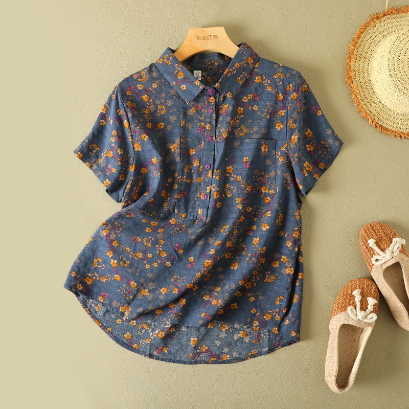 Vintage Floral Print Women's Shirt Summer Fashion Short Sleeve Pocket Loose Casual Blouse Female Comfortable Soft Thin Daily Top - Image 3