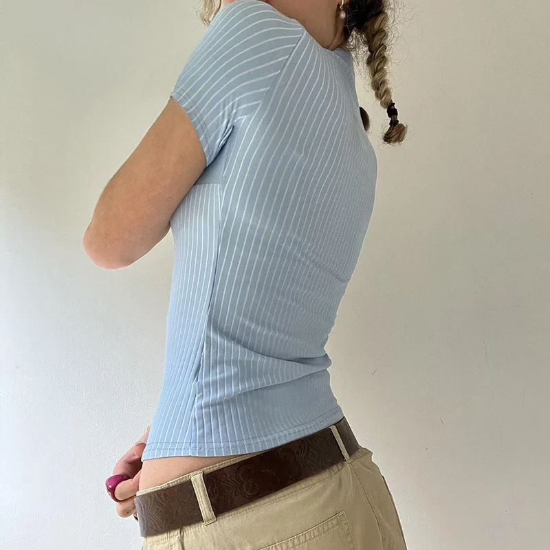 Womens Blue Stripe Short Sleeve Button Up Shirt Turn Down Collar Slim Fit Preppy Casual Summer Basic Tee Versatile Blouse - Image 5